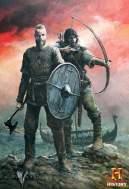 Plakat przedstawia legendarnego nordyckiego wojownika Ragnara Lodbroka w towarzystwie nieustraszonego łucznika, przygotowujących się do zdobycia nowego lądu.