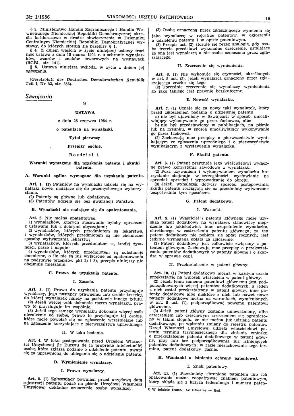 N r 1/1956 WIADOMOŚCl URZĘDU PATENTOWEGO 19 3.