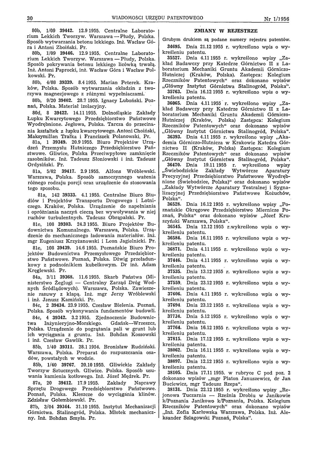 30 WIADOMOŚCI URZĘDU PATENTOWEGO N r 1/1956 80b, 1/09 39442. 12.9 1955. Centralne Laboratorium Lekkich Tworzyw. Warszawa Płudy, Polska. Sposób wytwarzania betonu lekkiego. Inż.
