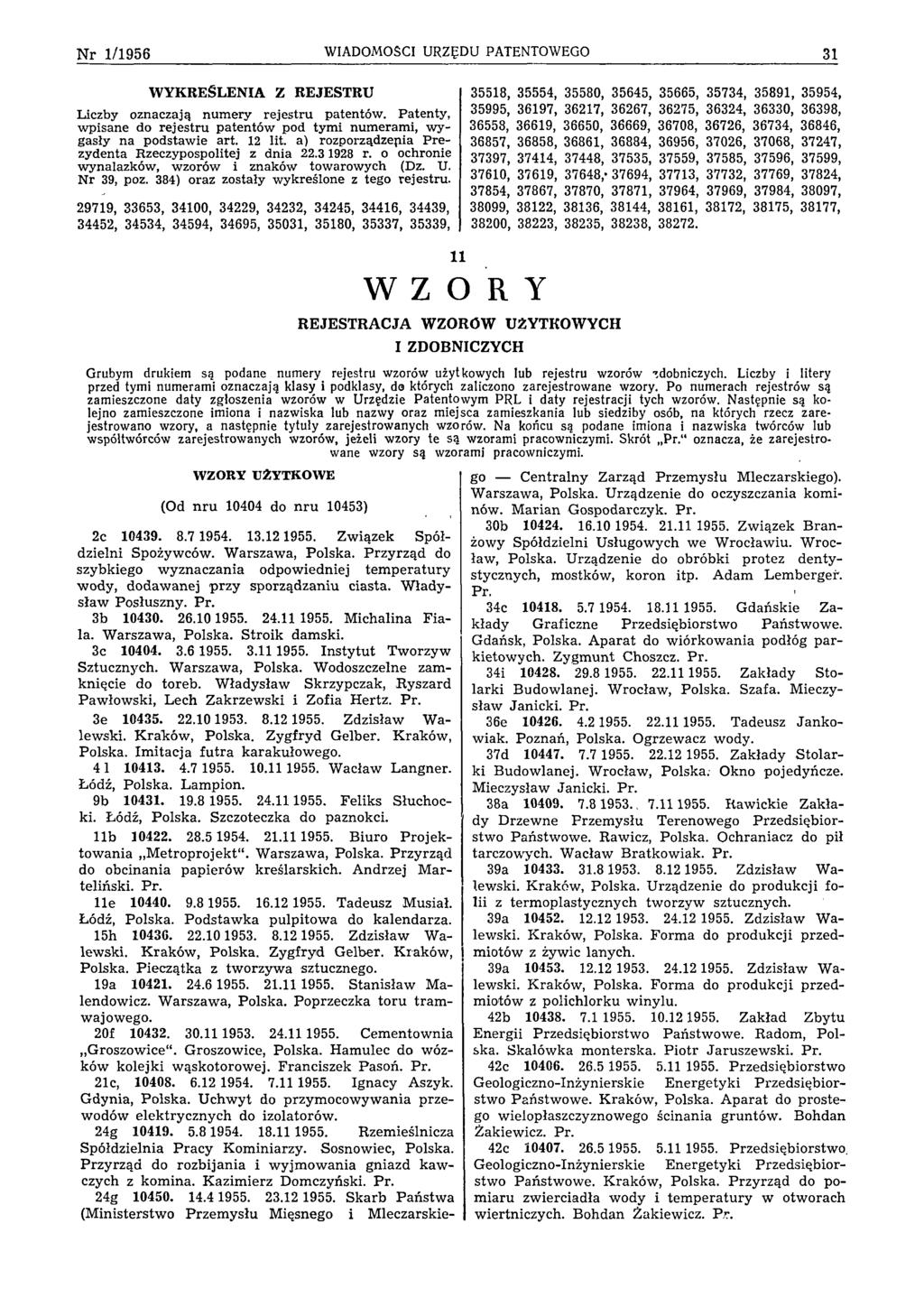 N r 1/1956 WIADOMOŚCI URZĘDU PATENTOWEGO 31 WYKREŚLENIA Z REJESTRU Liczby oznaczają n u m e ry re je stru p aten tó w.