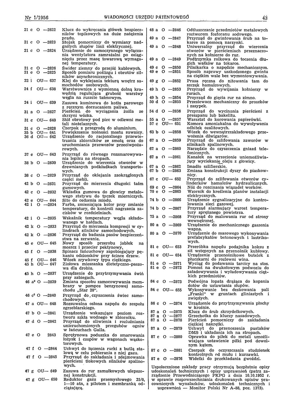 N r 1/1956 WIADOMOŚCI URZĘDU PATENTOWEGO 43 21 с O 2822 21 с O 2823 21 с O 2824 21 с O 2826 21 е O 2825 22 і O U - 637 24 f O U - 638 24 i O U - 639 31 а O 2827 31 с O U - 640 31 с O 2828 35 b O U -