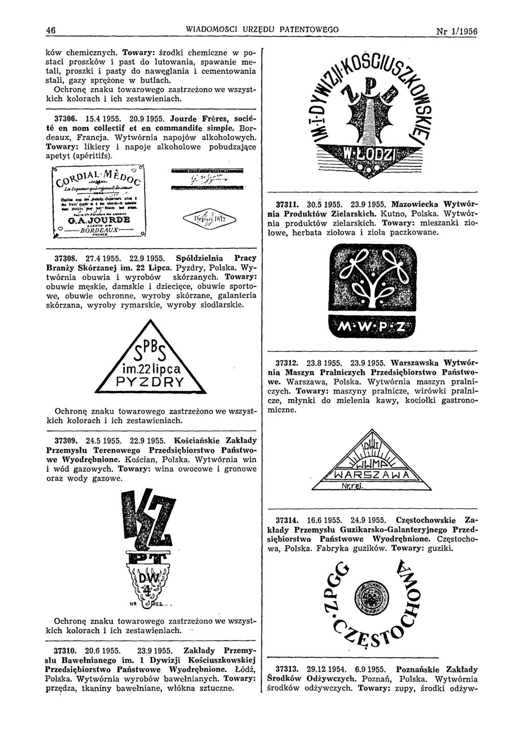 46 WIADOMOŚCI URZĘDU PATENTOWEGO N r 1/1956 ków chemicznych.