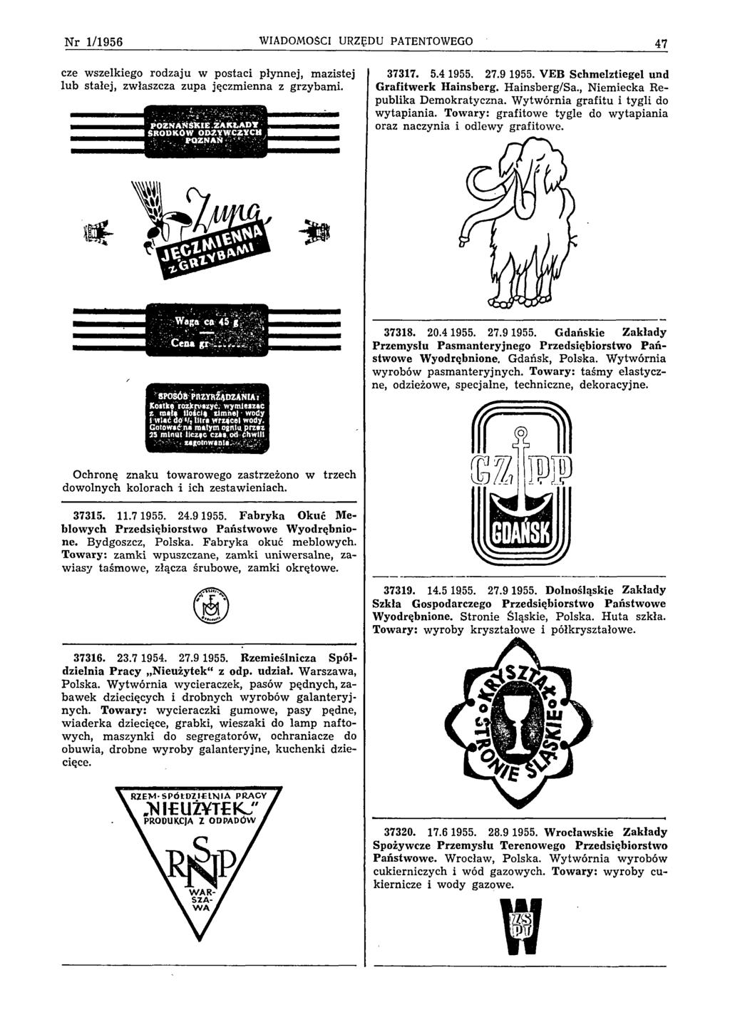 N r 1/1956 WIADOMOŚCI URZĘDU PATENTOWEGO 47 cze wszelkiego rodzaju w postaci płynnej, mazistej lub stałej, zwłaszcza zupa jęczmienna z grzybami. 37317. 5.4 1955. 27.9 1955.
