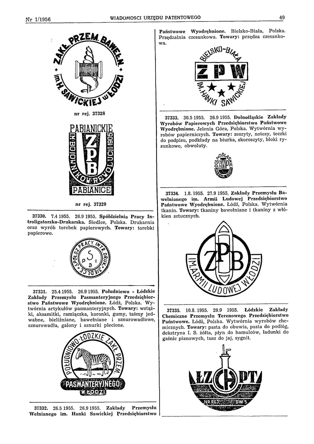 Nr 1/1956 WIADOMOŚCI URZĘDU PATENTOWEGO 49 Państwowe Wyodrębnione. Bielsko-Biała, Polska. Przędzalnia czesankowa. Towary: przędza czesankowa. nr rej. 37328 37333. 30.5 1955. 26.9 1955.