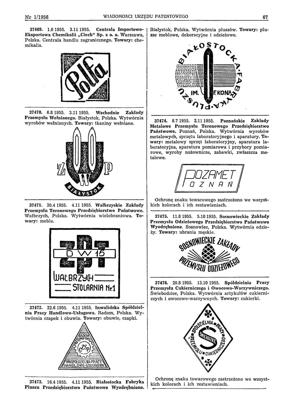 N r 1/1956 WIADOMOŚCI URZĘDU PATENTOWEGO 67 37469. 1.6 1955. 3.11 1955. Centrala Importowo- Eksportowa Chemikalii Ciech Sp. z o. o. Warszawa, Polska. Centrala handlu zagranicznego. Towary: chemikalia.