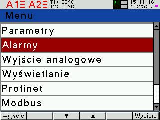 sposoby wizualizacji danych pomiarowych do 10 programowalnych ekranów (8 parametrów na stronę); możliwość zmiany koloru dla