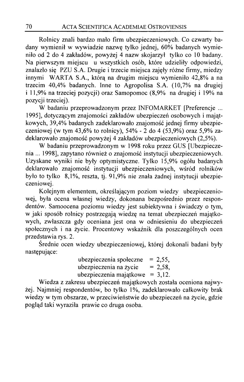 70 Acta Scientifica Academiae Ostroyiensis Rolnicy znali bardzo mało firm ubezpieczeniowych.