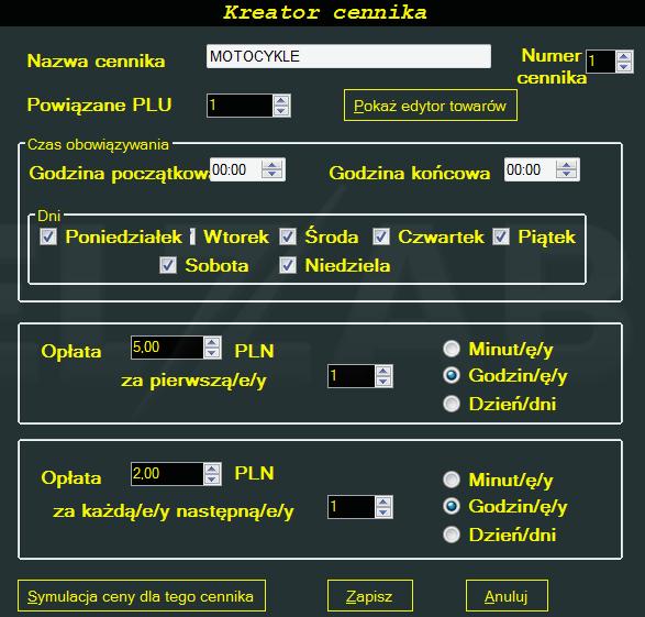 Instrukcja użytkownika usługi czasowej w kasie ELZAB K Przykłady Przykład pierwsza godzina w innej cenie Prosty cennik dla motocykli obowiązuje na parkingu całodobowym, we wszystkie dni tygodnia.