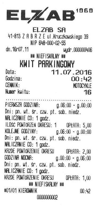 Instrukcja użytkownika usługi czasowej w kasie ELZAB K Naliczanie opłat:. Motocykl przyjechał na parking o :42, a opuścił parking o 6:5. Czas parkowania 6 godz.