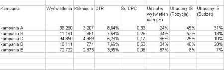 W przypadku tego raportu można wydobyć informację na temat skuteczności poszczególnych kampanii AdWords.