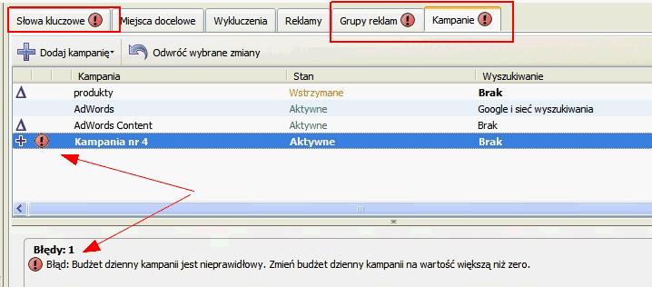 słowach kluczowych). Inne błędy komunikowane są dopiero po przesłaniu kampanii (np. informacja o tym, że dodane słowo jest zastrzeżonym znakiem towarowym i nie może być reklamowane w AdWords).