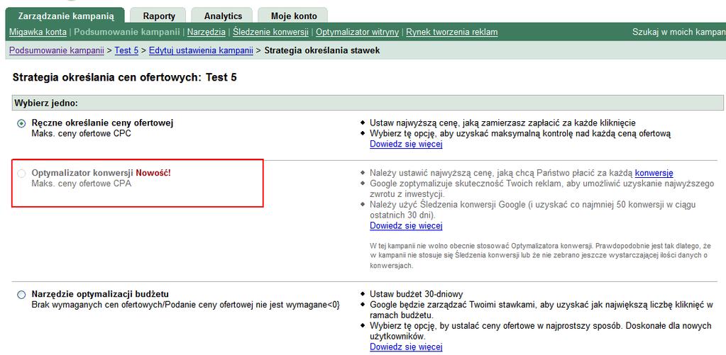 Przy włączeniu Optymalizatora kampanii jedynym ustawieniem, które określa działanie narzędzia jest deklarowana stawka za konwersję dla każdej grupy reklam kampanii.