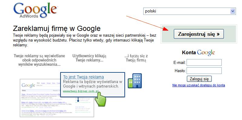 Jak otrzymać konto Google AdWords Aby otrzymać konto Google AdWords konieczna jest rejestracja w programie Google AdWords pod adresem https://adwords.