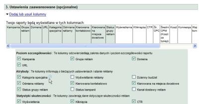 Dane w raporcie skuteczności miejsc docelowych Często wiele witryn pokazywanych w raporcie skuteczności miejsc docelowych będzie wykazywało znikome ilości wyświetleń i kliknięć reklamy.