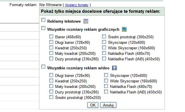 3. Adresy miejsc docelowych (kliknięcie adresu przenosi na podstronę opisującą te miejsce docelowe i dające możliwość zobaczenia przykładowej reklamy wyświetlanej w tym miejscu docelowym) 4.