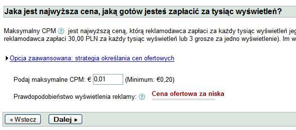 informacji na temat prawdopodobieństwa wyświetlenia reklam.