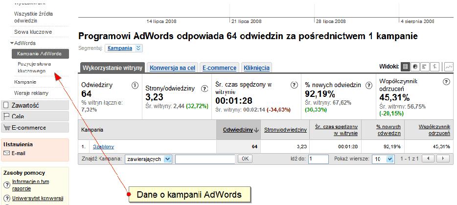 dane kosztowe kampanii AdWords (ilość kliknięć, koszty kliknięć, ilości wyświetleń i CTR reklam AdWords) informacja o efektywności naszej reklamy AdWords