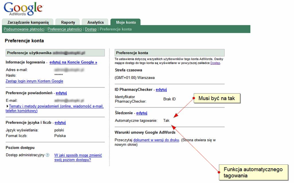 W przypadku braku informacji w koncie Google Analytics o reklamie AdWords trzeba sprawdzić również (oprócz kwestii wspomnianych wcześniej): czy funkcja automatycznego tagowania jest włączona w