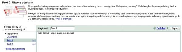 Przykład: W wspomnianym wcześniej przykładzie nagłówka i zdjęcia mieliśmy zdefiniowane dwie testowane sekcje.