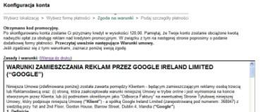 Przedpłata, gdzie reklama zostanie wyświetlona dopiero po przelaniu określonych pieniędzy na konto bankowe Google. W obrębie tej opcji płatności można wybrać przelew bankowy lub kartę kredytową.