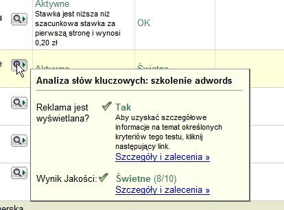 7. Przyciski szybkiego aktywowania, wstrzymywania i usuwania słów kluczowych AdWords 8. Informacja o tym, czy słowo kluczowe jest aktywne (czy powoduje wyświetlanie reklamy) 9.