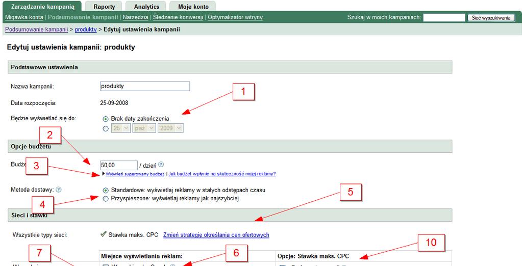 1. Czas trwania kampanii możliwość określenia czasu zakończenia kampanii (np. jeżeli reklamujesz w AdWords bal sylwestrowy możesz ustawić datę zakończenia kampanii na początek grudnia) 2.