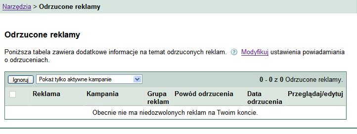 Odrzucone reklamy Narzędzie to pokazuje informacje na temat reklam, które nie zostały dopuszczone do wyświetlania, tzn. nie spełniły wymogów regulaminu Google AdWords.