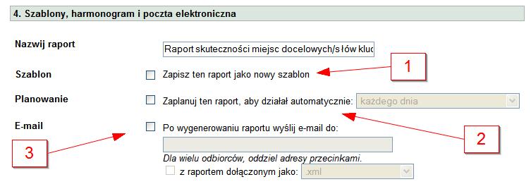 Szablony, harmonogram i poczta elektroniczna Przy tworzeniu każdego raportu AdWords istnieje możliwość: 1.