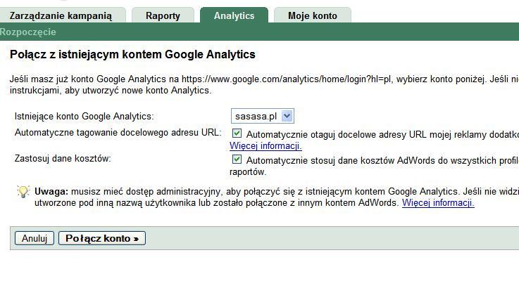 Zostaw na stronie zaznaczone pola wyboru, chyba że chcesz wyłączyć automatyczne tagowanie i importowanie danych dotyczących kosztów.