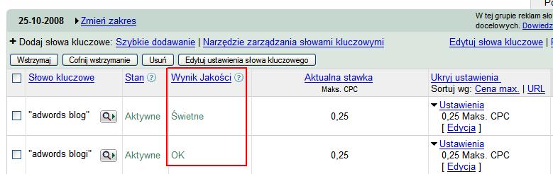 Informację o Wyniku Jakości słów kluczowych można znaleźć w interfejsie Google AdWords.