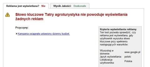 Podstrona analizy słów kluczowych Na podstronie analizy słów kluczowych można znaleźć: kartę Wyświetlanie reklamy, która przedstawia