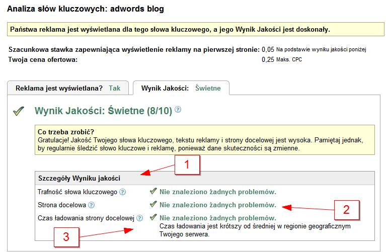 wyświetlaniem się reklamy kartę Wynik Jakości W obrębie karty Wyniku Jakości można znaleźć obok ogólnej informacji o Wyniku Jakości