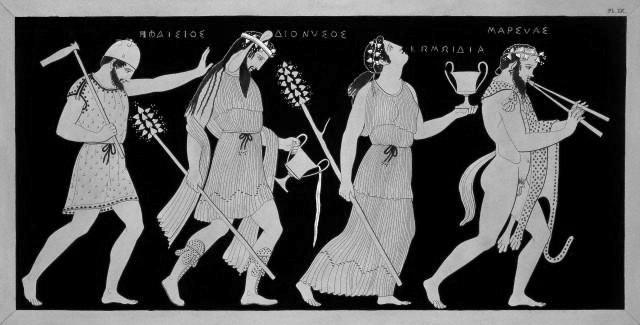 Zadanie 1. (2 pkt) Ilustracja przedstawia orszak starogreckiego boga Dionizosa. 1.1. Podaj nazwę formy artystycznej charakterystycznej dla starożytnej Grecji i wywodzącej się z dytyrambów, czyli chóralnych pieśni wykonywanych ku czci Dionizosa.
