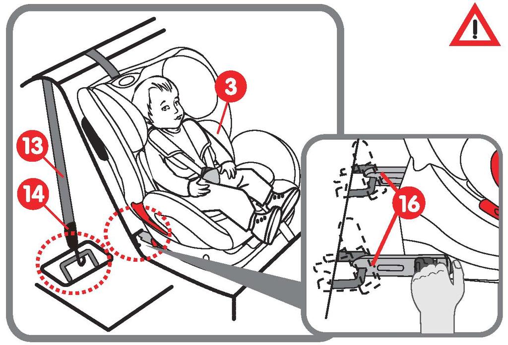 1 ). 2. Odchyl tapicerkę oparcia tak by było widać plastikową skorupę. Pas biodrowy T przełóż przez prowadnicę w podstawie fotelika 18 (w kierunku do wewnątrz fotelika).