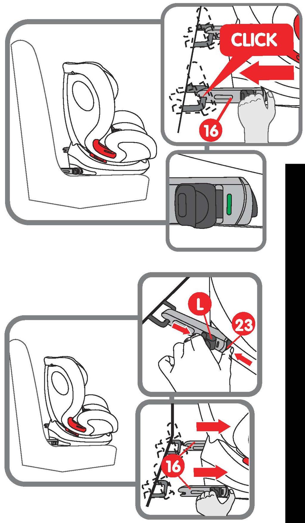 Połóż ręce na foteliku i dociśnij go do oparcia w pojeździe. Upewnij się, że tył fotelika ściśle przylega do oparcia siedzenia pojazdu.
