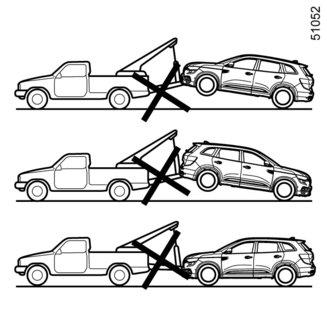 HOLOWANIE: holowanie niesprawnego pojazdu (3/4) Pojazdy z 4 kołami napędowymi Niezależnie od rodzaju skrzyni biegów, nie należy holować pojazdu z 4