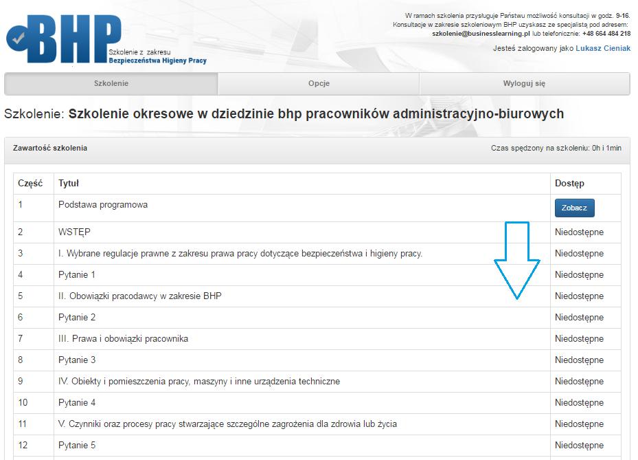 UCZESTNIK zawsze może wrócić do SPISU TREŚCI i powrócić do danego Rozdziału jaki już przechodził, klikając przycisk ZOBACZ przy danym rozdziale: UWAGA!