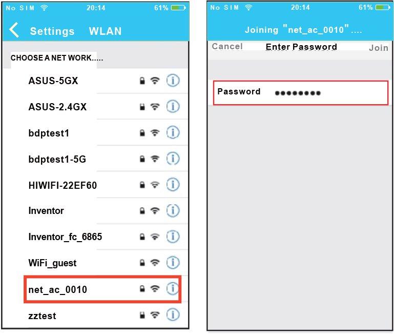 7. Połącz się z modułem WiFi w urządzeniu, jego nazwa będzie zbliżona do net_ac_xxxx 8.