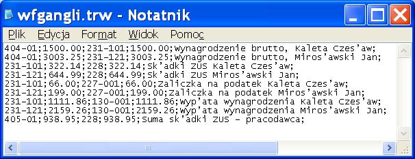 Przykładowy plik 'wfgangli.trw', generowany przez zapis zaksięgowań może wyglądać np. następująco: 404-01;1500.00;231-101;1500.00;Wynagrodzenie brutto, Rolnik Czesław; 404-01;3003.25;231-121;3003.