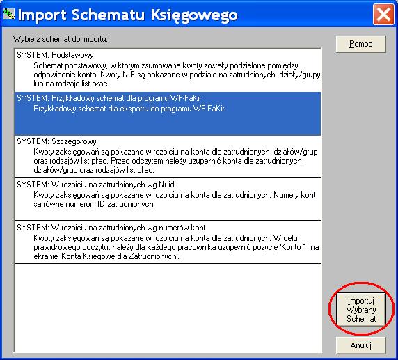 Rys. 4 Lista przykładowych schematów dostępnych do importu.