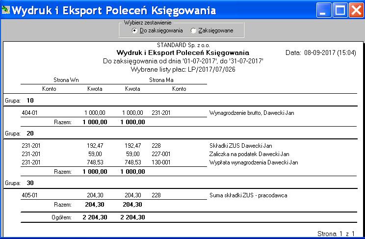 Rys. 10 Zaksięgowany raport poleceń