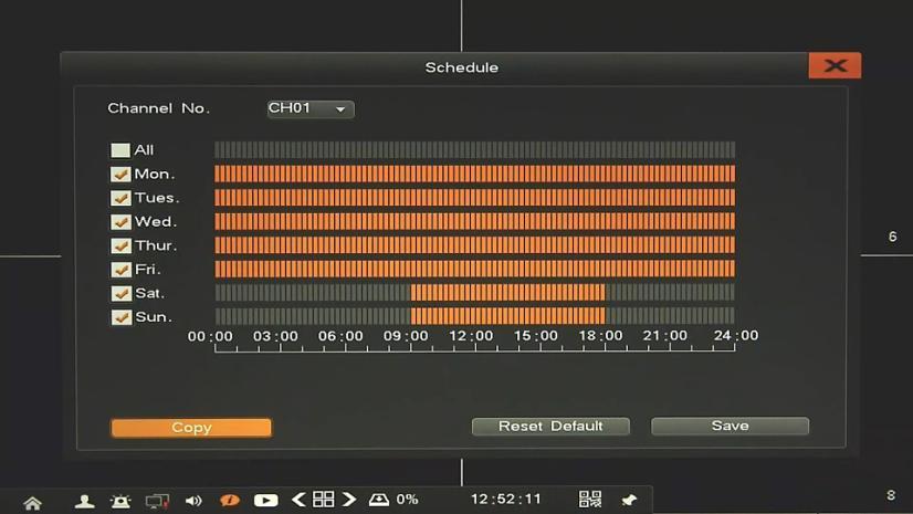 NVR-7000 User s manual ver.1.0 NVR CONFIGURATION 2.3.2. Manual - menu allows to quick change of manual recording of selected channels. 2.3.3. Schedule - setting continuous record plan for each channel.