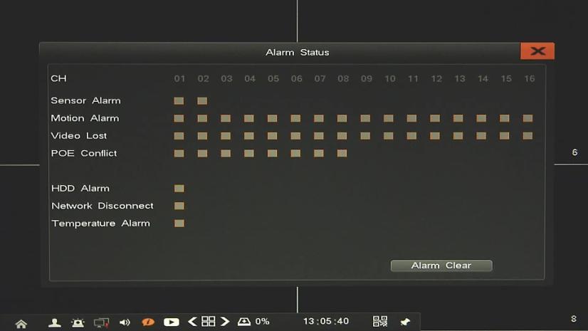 Alarm Status - Menu shows the all connected devices alarm information: sensor alarm, motion alarm, video lost alarm,