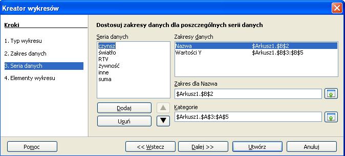 Wykresy W trzecim kroku Seria danych możemy dokonać zmian dotyczących danych przedstawianych na wykresie.