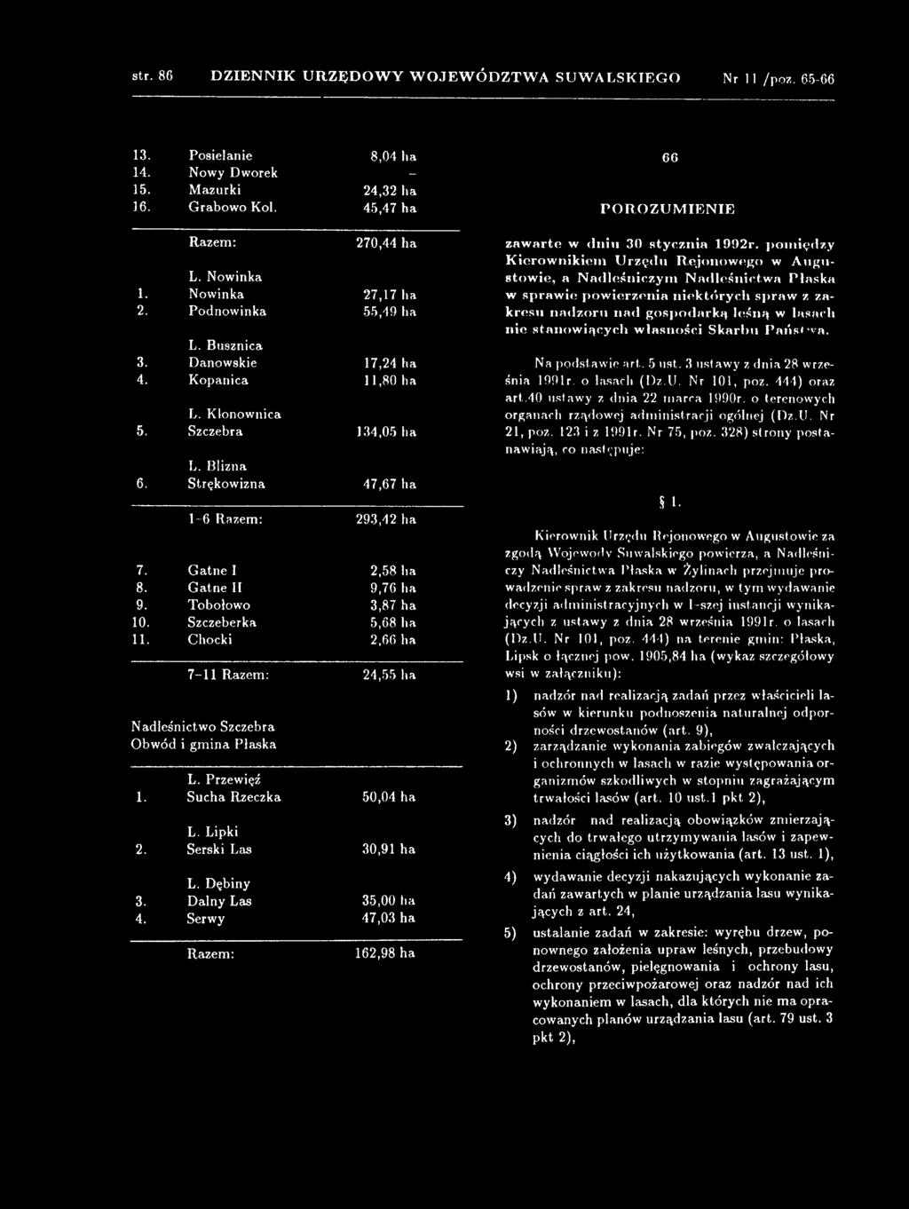 Gatne I 2,58 ha 8. Gatne II 9,76 ha 9. Tobołowo 3,87 ha 10. Szczeberka 5,68 ha 11. Chocki 2,66 ha 7-11 Razem: 24,55 ha Nadleśnictwo Szczebra Obwód i gmina Płaska L. Przewięź 1.