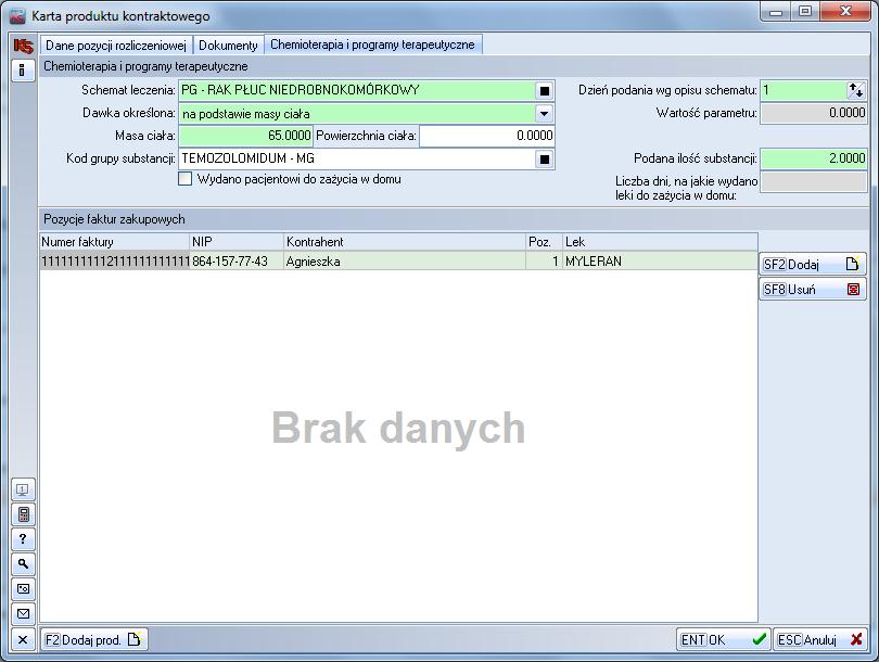 Dodanie produktu z katalogu 1m lub 1n obliguje do uzupełnienia danych podstawowych dotyczących chemioterapii oraz wskazanie co najmniej jednej pozycji faktury zakupowych i kodu EAN poprzez wybór