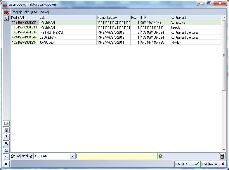 Ryc.5. Pozycje faktury zakupowej Lek z faktury można wyszukać z listy lub za pomocą czytnika kodu EAN zostaną odnalezione pozycje na liście.