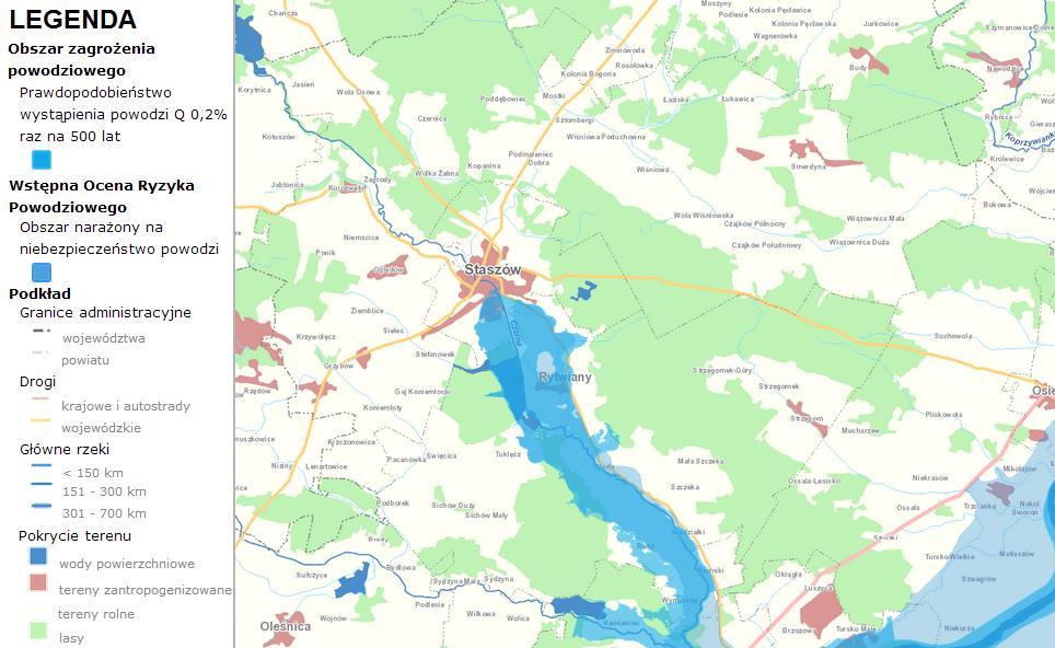 Rysunek 20 Obszary zagrożenia powodziowego na terenie Gminy Staszów Źródło: Hydroportal Krajowego