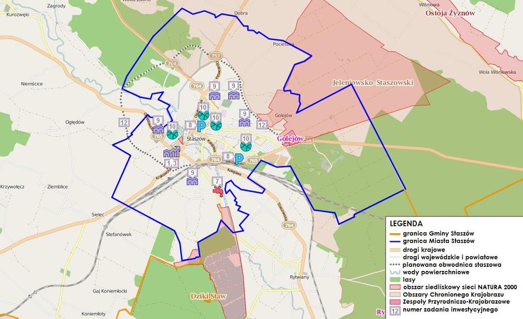 Prognoza Oddziaływania Na Środowisko Strategii Rozwoju Miasta i Gminy Staszów na lata 2015-2025 Rysunek 25 Lokalizacja zadań inwestycyjnych na obszarze Miasta Staszów Źródło: Opracowanie