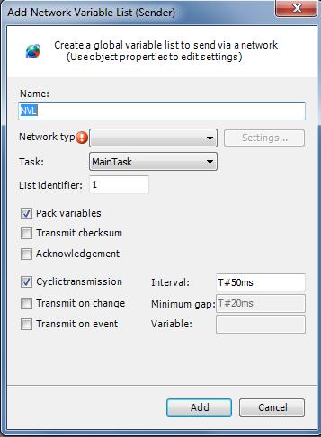 Po dodaniu Network Variable List Sender, pojawi się okno